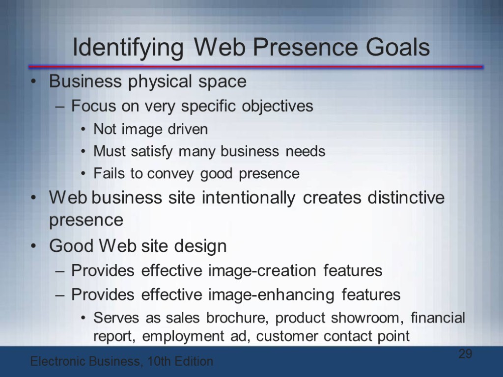 Identifying Web Presence Goals Business physical space Focus on very specific objectives Not image